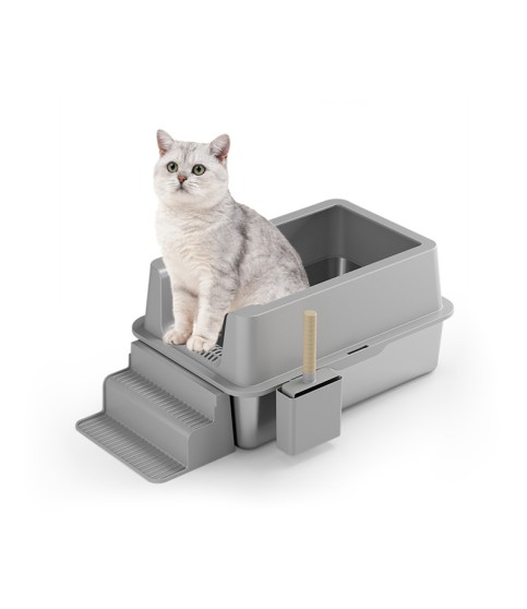 Extra-Large Open-Top Stainless Steel Cat Litter Box