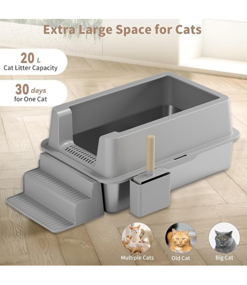 Extra-Large Open-Top Stainless Steel Cat Litter Box