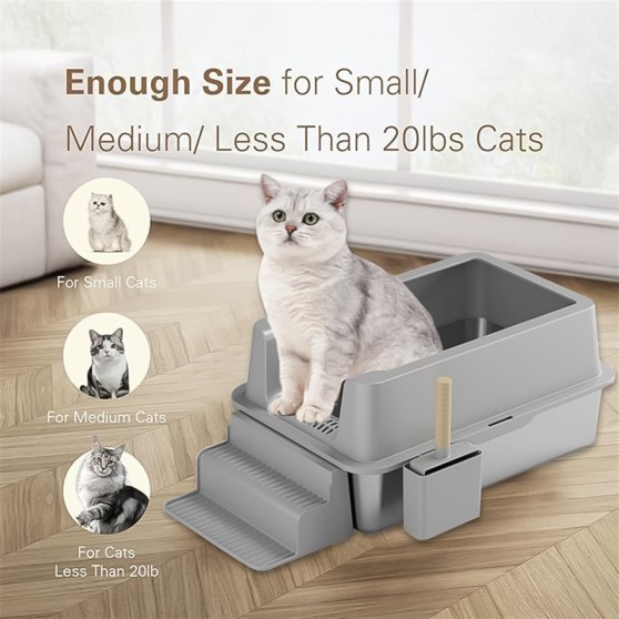 Extra-Large Open-Top Stainless Steel Cat Litter Box
