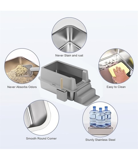 Extra-Large Open-Top Stainless Steel Cat Litter Box